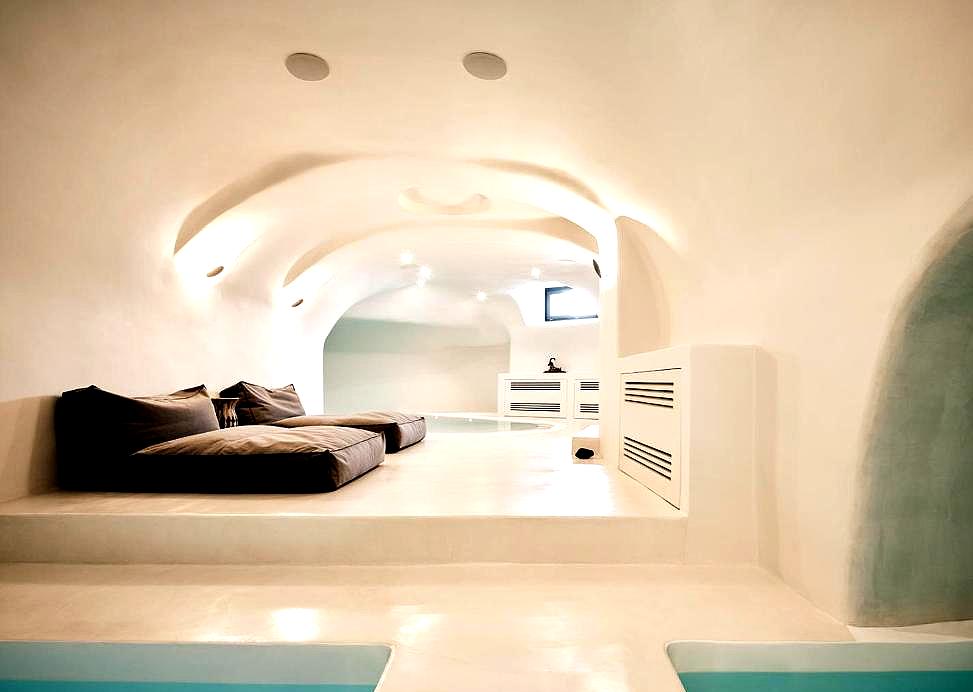 indoor lounge with plush bedding